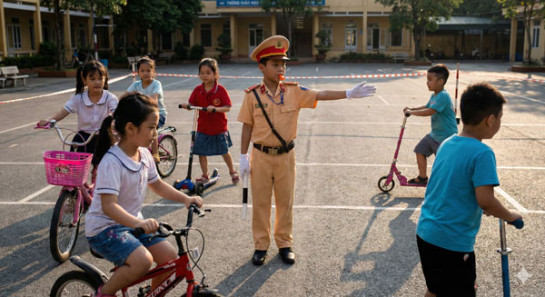 Học sinh lớp 4 đóng vai điều khiển giao thông